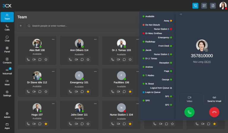 Web Client 3CX V20 : vue équipe et appel en cours